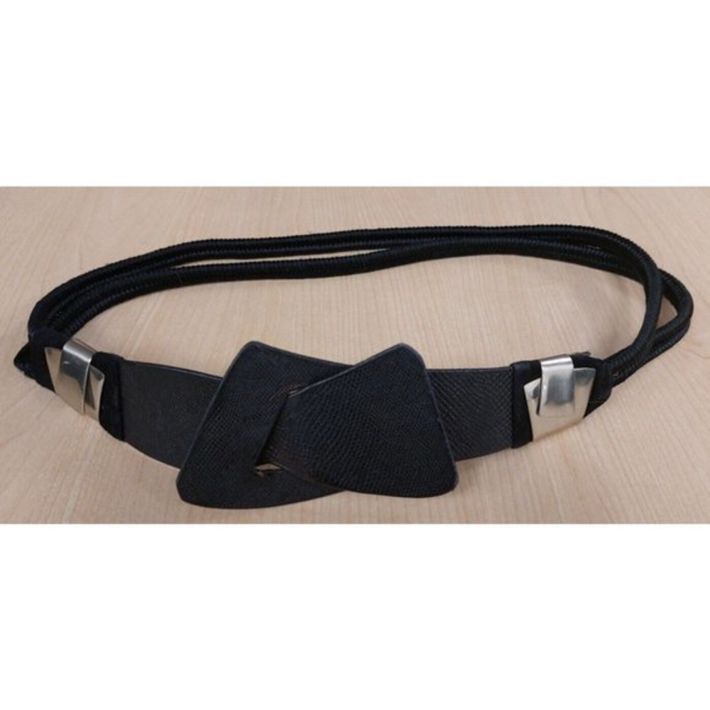 Boho Black Stretch Fashion Belt w/ Silver Accents & Geometric Interlock Clasp Sm